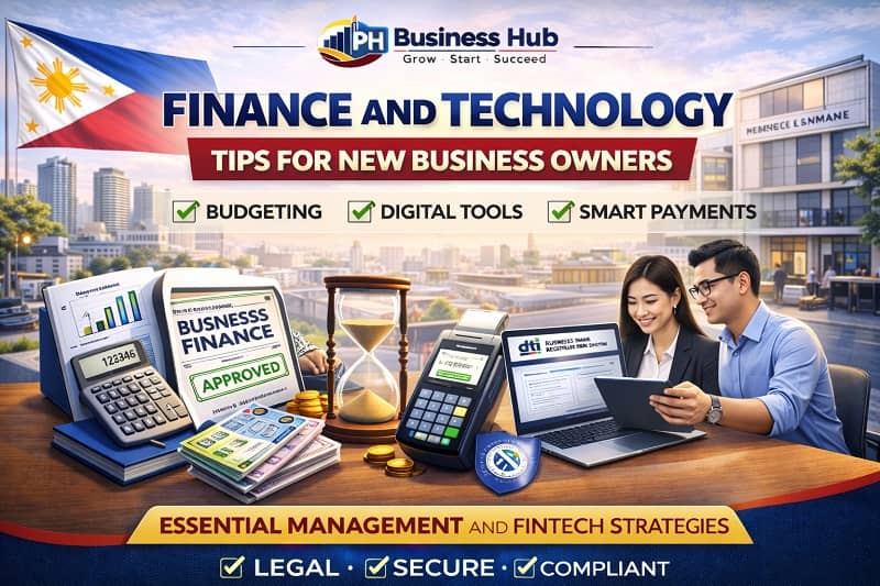 Featured image showing Filipino entrepreneurs reviewing financial reports, digital payment terminal, accounting tools, and PH Business Hub logo.