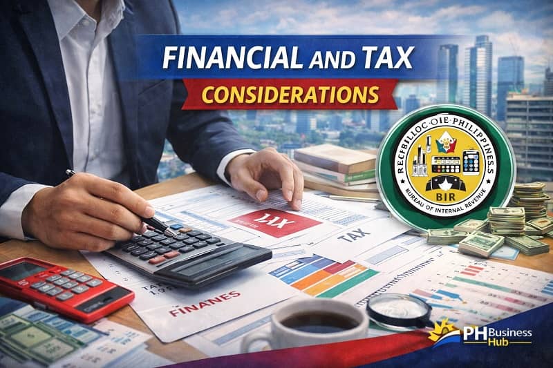 Filipino business professional reviewing tax documents and financial reports in a Philippine office setting