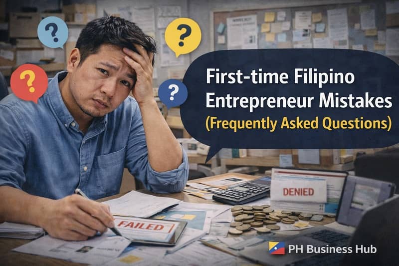 Filipino entrepreneur reviewing failed documents and denied notice with question marks representing first-time Filipino entrepreneur mistakes frequently asked questions