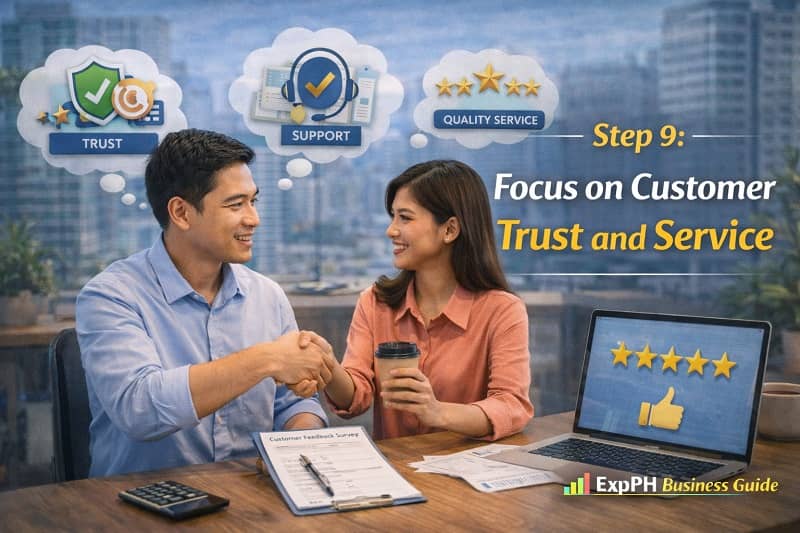 Filipino entrepreneur shaking hands with a customer while building trust and providing quality service in a business setting
