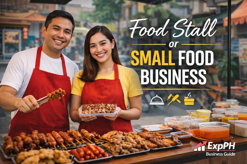 Filipino entrepreneurs operating a food stall or small food business selling grilled street food in the Philippines