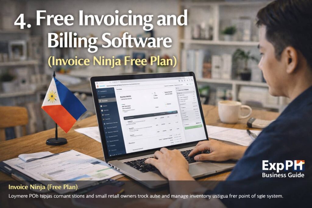 Filipino entrepreneur creating an invoice using Invoice Ninja free invoicing software on a laptop