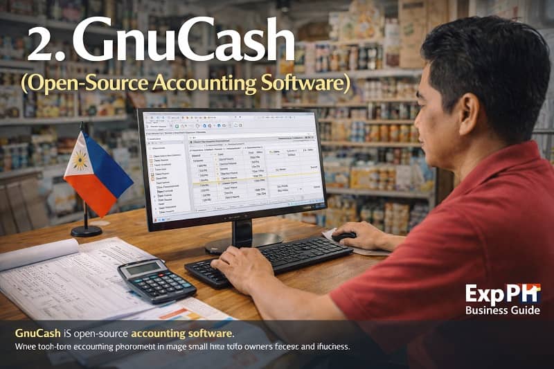 Filipino small business owner using GnuCash open-source accounting software on a desktop computer