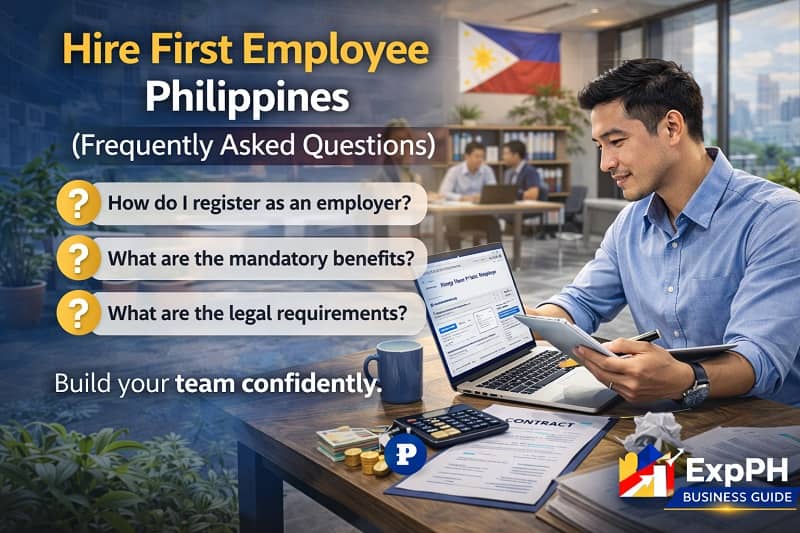 Filipino business owner reviewing Hire First Employee Philippines FAQs on a laptop inside a modern office setting