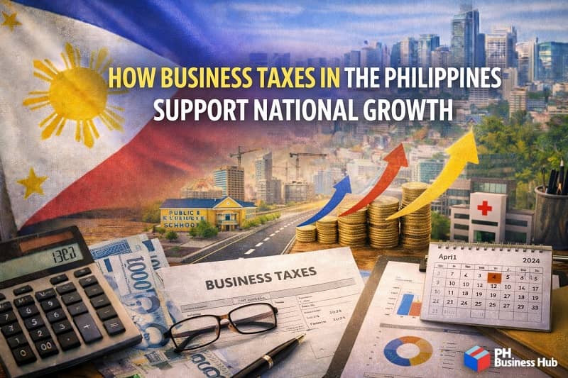 How business taxes in the Philippines support national growth with tax documents, coins, rising arrows, and Philippine city skyline