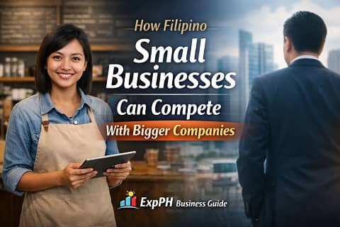 Filipino small business owner inside a café holding a tablet, symbolizing how small businesses in the Philippines compete with larger corporations