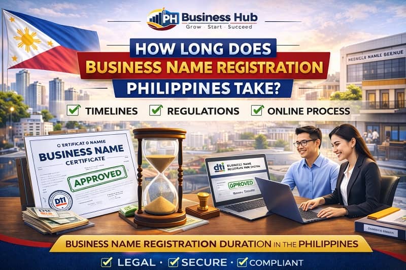 Featured image showing approved DTI business name certificate, hourglass symbolizing timeline, Filipino entrepreneurs using laptop, and PH Business Hub logo.