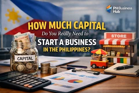 Business capital planning in the Philippines with calculator, peso savings jar labeled capital, charts, and small retail store setup
