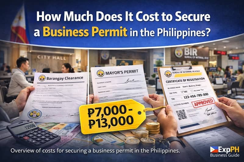 Cost breakdown of securing a business permit in the Philippines showing barangay clearance, mayor’s permit, BIR registration, and peso amounts with ExpPH Business Guide logo