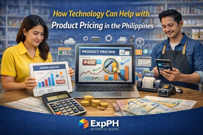 Filipino business owners using tablet laptop and POS system for product pricing analysis in the Philippines