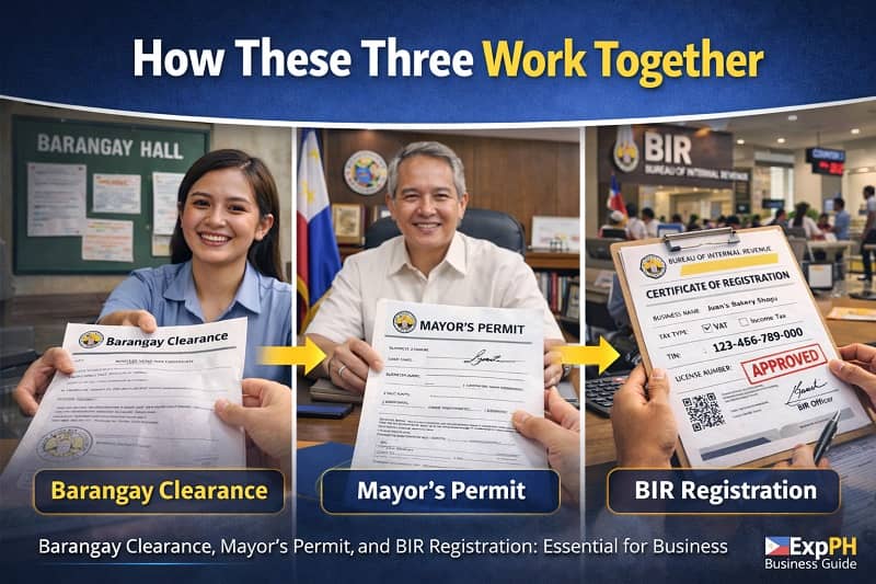 Barangay clearance, mayor’s permit, and BIR registration documents shown together in a Philippine business setting with ExpPH Business Guide logo