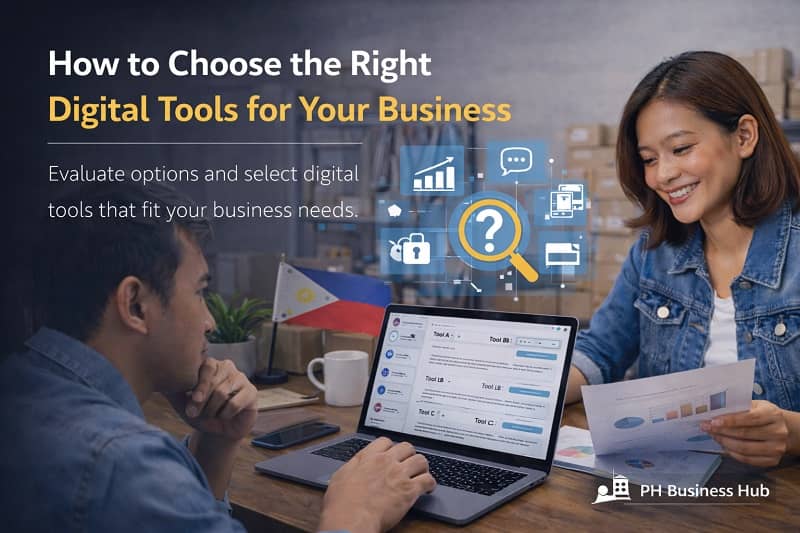 Filipino entrepreneurs reviewing digital tools on laptop and tablet in a modern Philippine business workspace