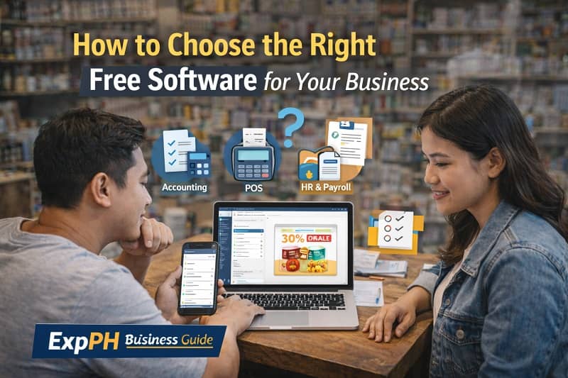 Philippine small business owners reviewing accounting, POS, and HR software options on laptop with ExpPH Business Guide logo
