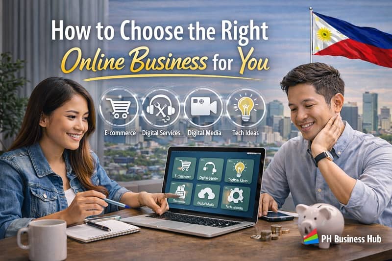 Filipino entrepreneurs reviewing online business options on a laptop in a Philippine business setting