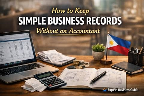 Small Filipino business owner managing simple business records with laptop, calculator, receipts, and ledger book in a Philippine office setting