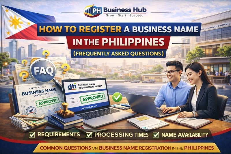 Featured image showing FAQ about business name registration Philippines with DTI approval certificate, magnifying glass, Filipino entrepreneurs using laptop, and PH Business Hub logo.