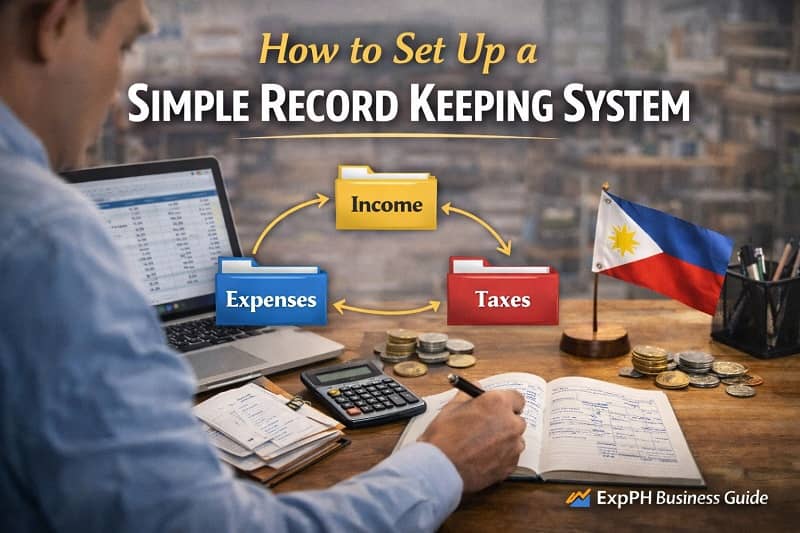 Filipino entrepreneur organizing business records using notebook, laptop, spreadsheet, and calculator in a modern Philippine office setting