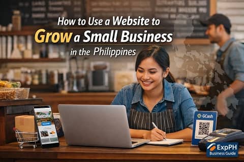 Filipino small business owner using a laptop to manage a website with GCash payment and online store setup in a Philippine café setting