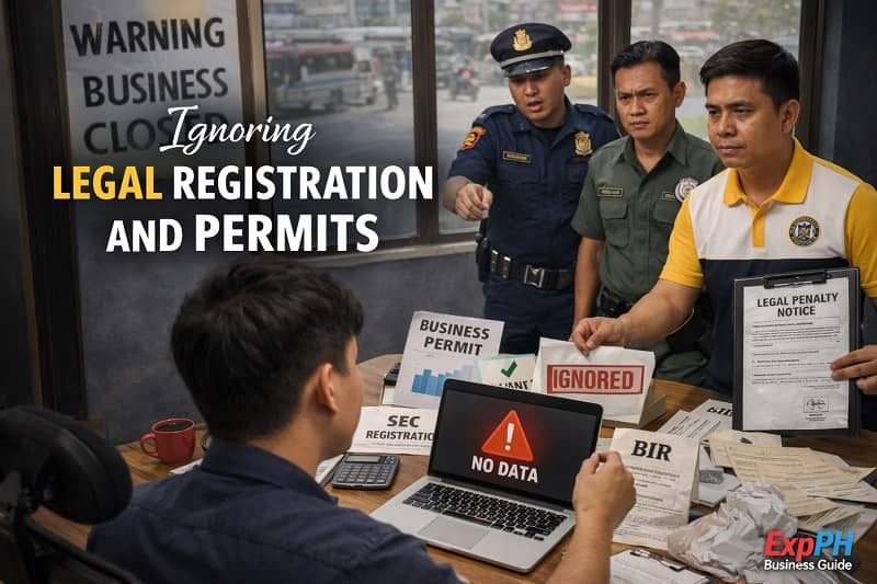 Filipino entrepreneur facing officials and business closure warning due to ignoring legal registration and permits in the Philippines.