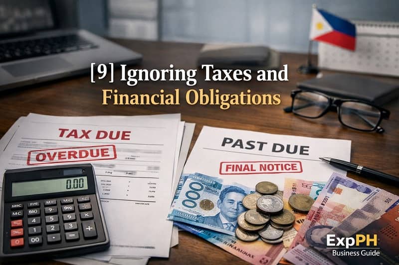 Overdue tax documents and past due financial notice with Philippine peso bills on an office desk representing a business ignoring taxes and financial obligations