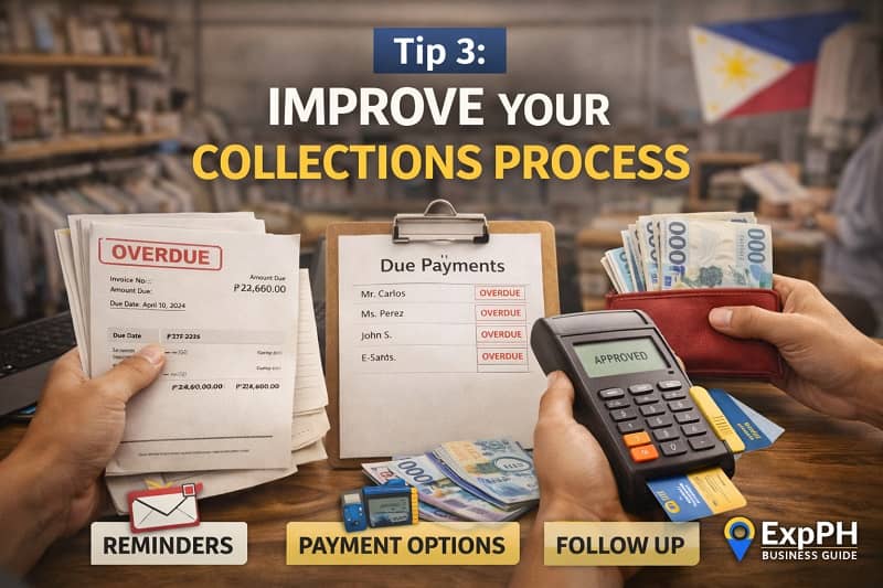 Philippine small business owner reviewing overdue invoices with POS terminal and peso bills for improving collections process