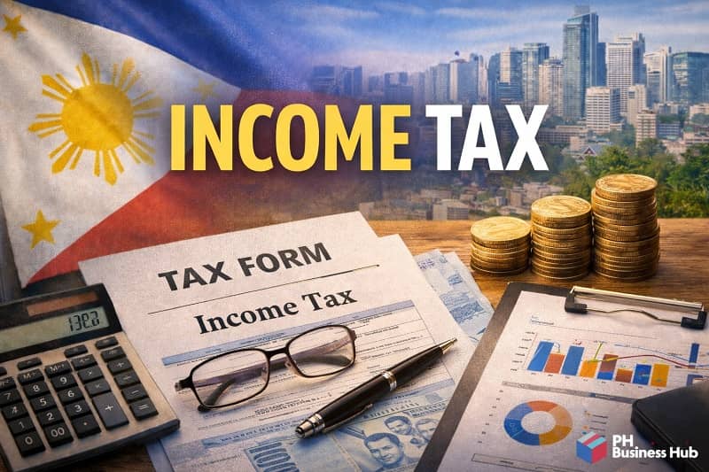 Income tax concept in the Philippines with tax form, calculator, coins, and Philippine city background