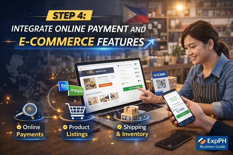 Filipino small business owner accepting GCash and online payments through an e commerce website on a laptop in a local shop