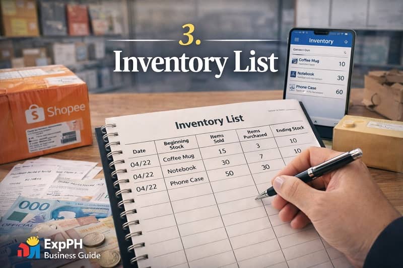 Filipino small business owner updating an inventory list notebook with product stock levels beside shipping boxes and Philippine peso cash