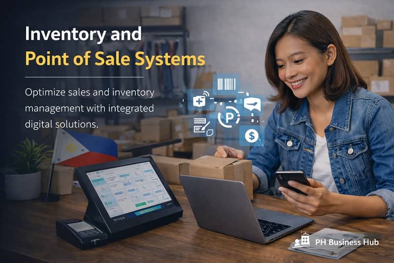 Filipino small business owner using POS system and inventory management software in a modern Philippine retail store