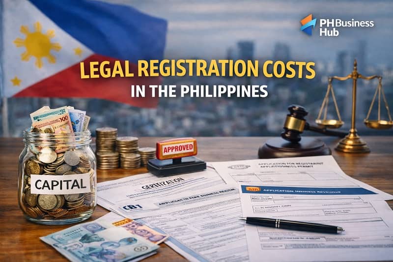 Legal registration costs in the Philippines showing business documents, BIR forms, peso bills, capital jar, and official approval stamp