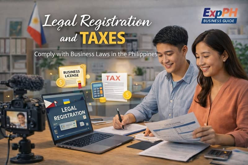 Filipino entrepreneurs reviewing business registration documents and tax forms with a laptop and calculator in an office workspace