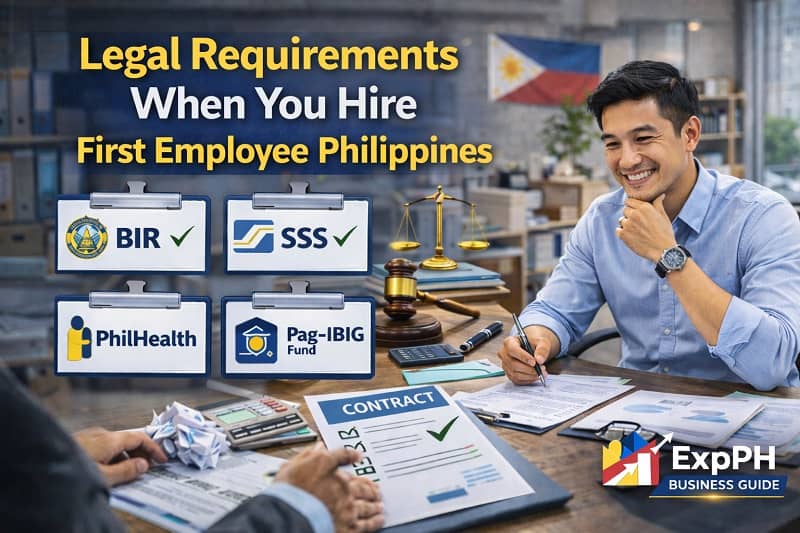 Filipino business owner reviewing employment contract and BIR, SSS, PhilHealth, and Pag-IBIG compliance documents in a Philippine office