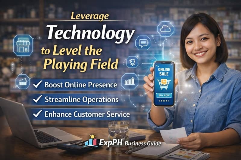 Filipino entrepreneur using laptop and digital tools in a local shop to leverage technology and level the playing field