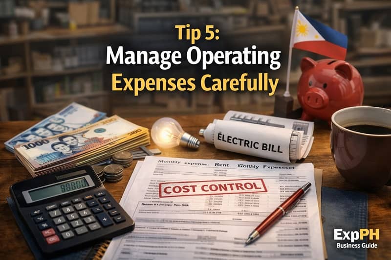 Small business operating expense management concept showing Philippine peso bills, calculator, electric bill, cost control document, and financial tools in a Philippine business setting