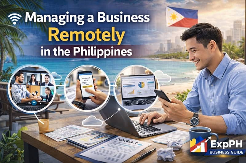 Filipino entrepreneur managing business remotely using laptop and smartphone in a Philippine setting with digital reports and video calls