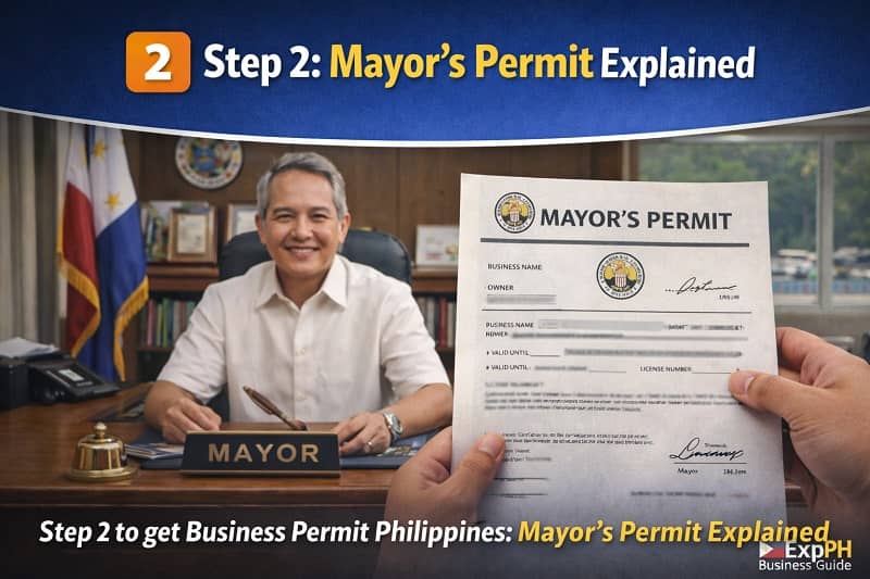 Mayor’s permit document issued at Philippine city hall with mayor and ExpPH Business Guide logo