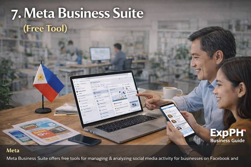 Filipino entrepreneurs managing Facebook and Instagram pages using Meta Business Suite on a laptop and smartphone
