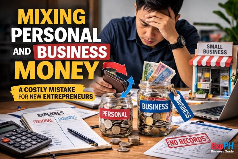 Filipino small business owner confused while mixing personal and business money with jars labeled personal and business on a desk.