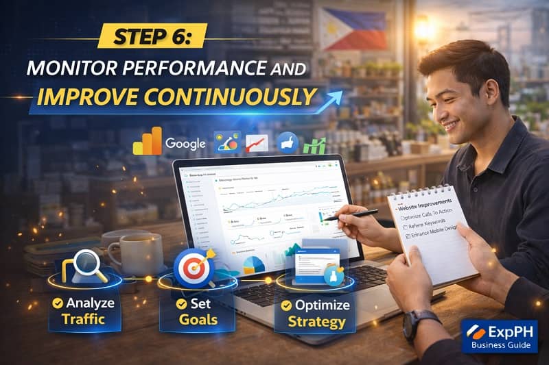 Filipino small business owner analyzing website analytics and performance reports on a laptop inside a local shop