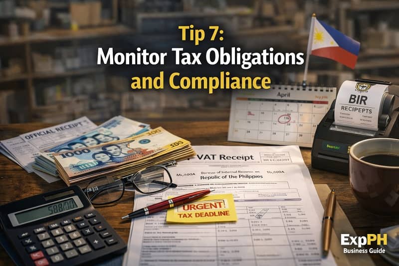 Philippine small business tax compliance concept showing tax documents, calculator, Philippine peso bills, and financial records on a business desk
