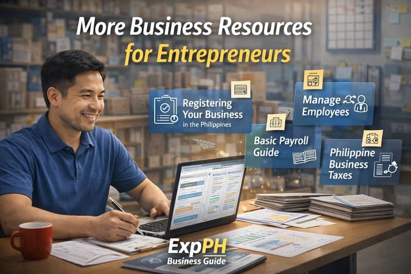 Filipino entrepreneur working on a laptop with business documents and digital resource icons about business registration payroll employee management and taxes in the Philippines