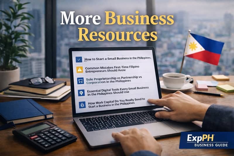 Filipino entrepreneur exploring business resources on a laptop showing guides about starting and managing a business in the Philippines
