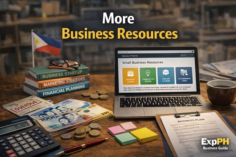 Small business resources concept showing laptop with business guides, financial planning books, Philippine peso bills, and business tools on a desk