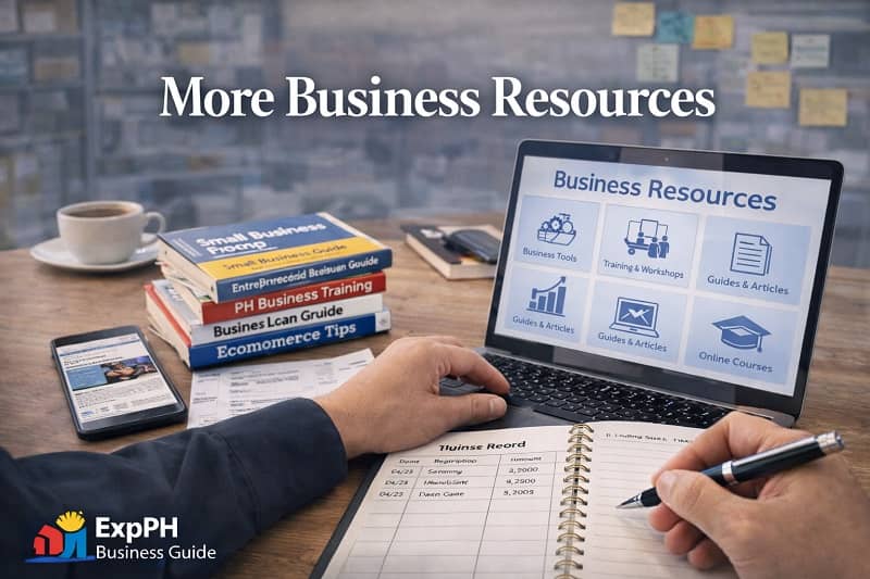 Filipino entrepreneur exploring business resources on a laptop with notebooks, guides, and business documents on a desk