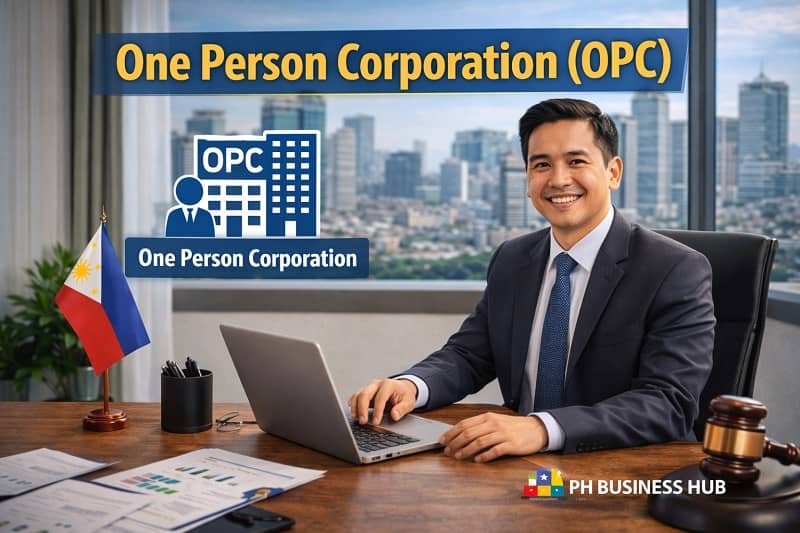 Filipino entrepreneur working alone in a modern office representing a One Person Corporation OPC business structure in the Philippines.