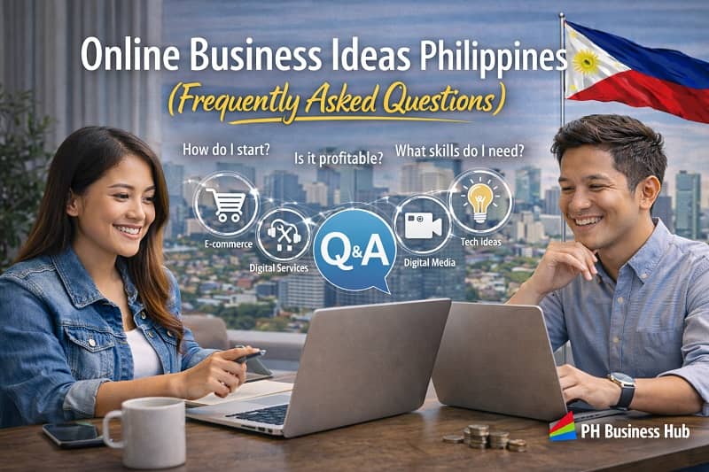 Filipino entrepreneurs discussing online business ideas Philippines with FAQ concept in a modern Philippine workspace