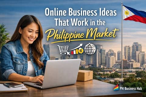 Filipino entrepreneur working on a laptop with Manila skyline background representing online business ideas that work in the Philippine market