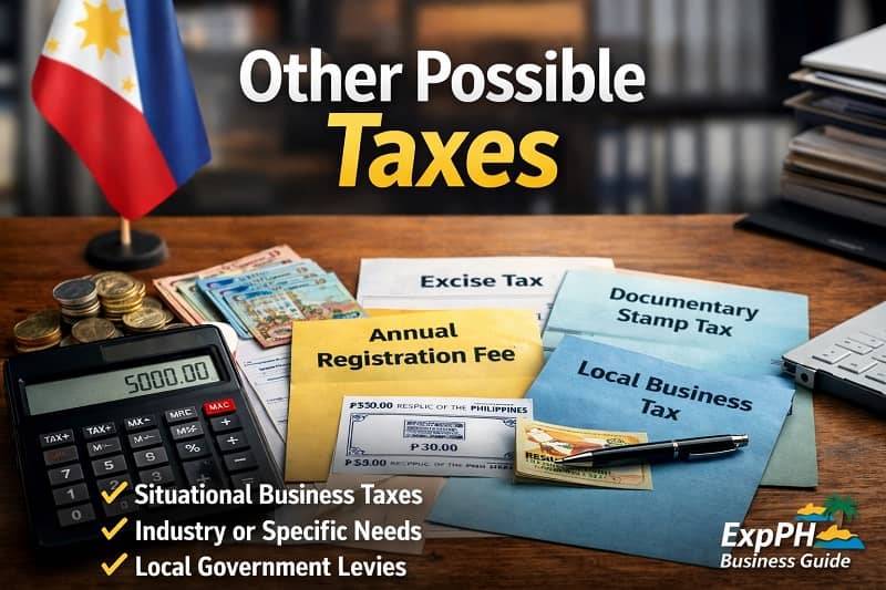 Other possible taxes in the Philippines showing documentary stamp tax, excise tax, local business tax documents, calculator, and Philippine peso bills on a business desk