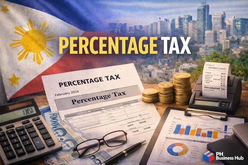 Percentage tax concept in the Philippines with tax form, calculator, sales receipt, and Philippine city background