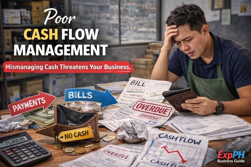 Filipino entrepreneur worried while reviewing unpaid bills and cash flow documents showing financial problems.